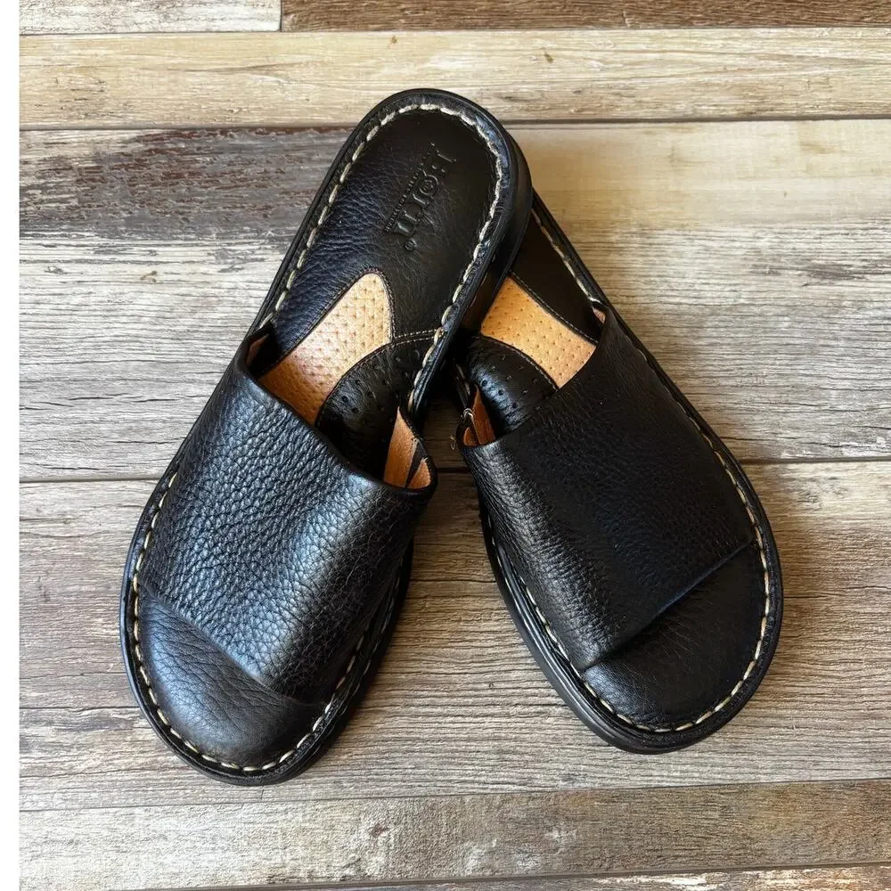 BORN Womens Black Casual Leather Slide Sandals Size 7.5 With Stitching